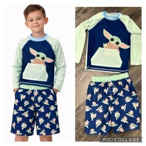 Star Wars The Mandalorian Baby Yoda Big Boys Swim Rash Guard Swim Trunks set